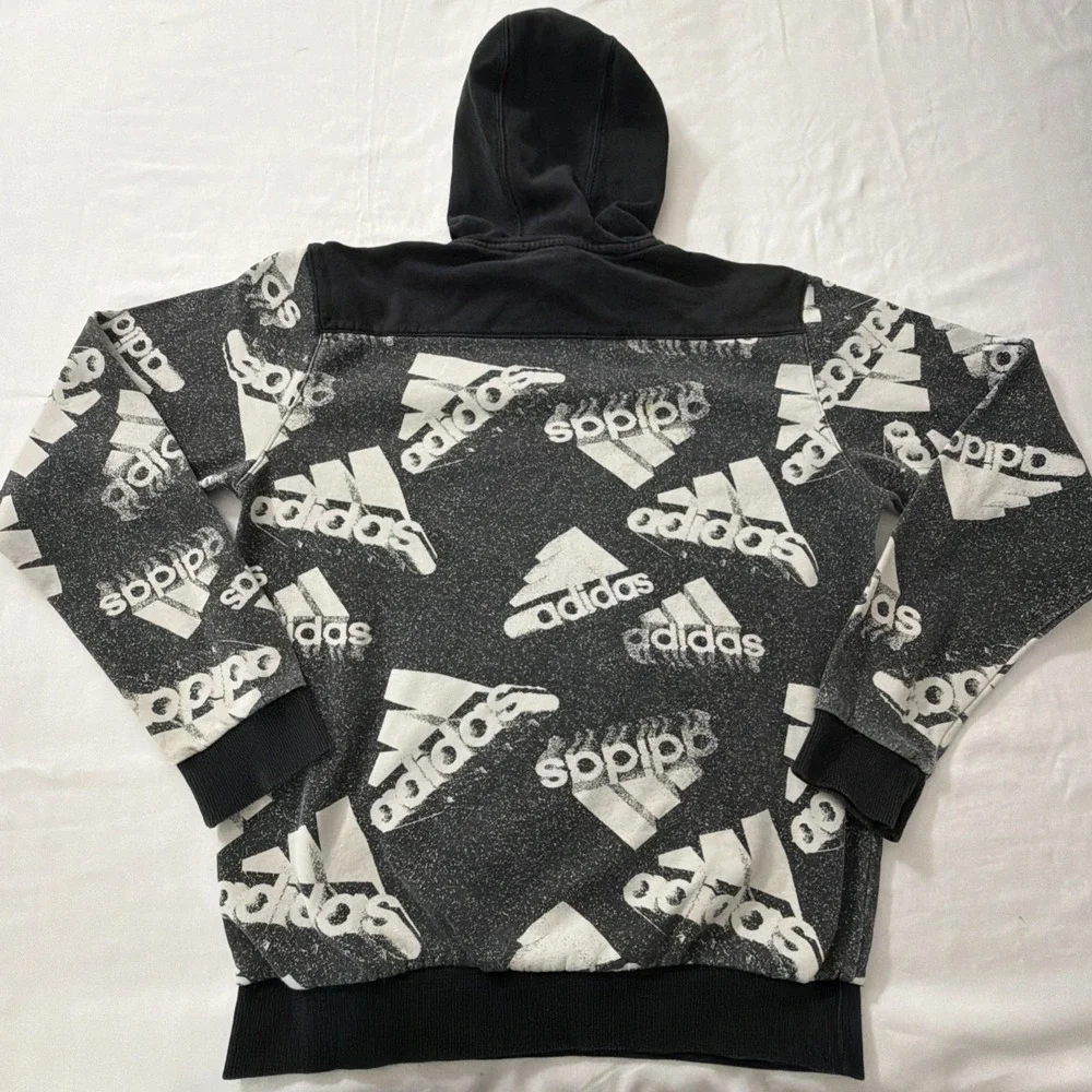 Adidas Mens All Over Logo Print Hoodie Black White Distressed Graphic Sweatshirt